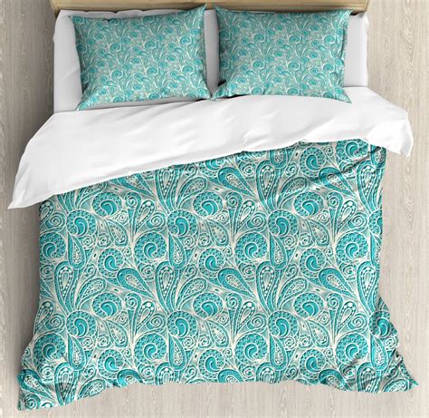 Teal King Size Duvet Cover Set Classical Lace Style Pattern With