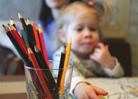 Kid Drawing Color Pencil In The Glass Stock Image Image Of Glass