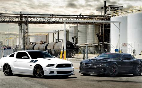 Two White And Black Cars Ford Mustang Car Chevrolet Camaro Hd