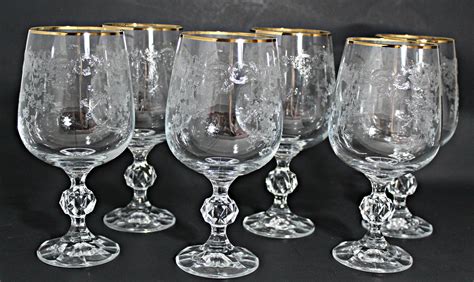 Vintage Bohemia Crystal Etched Wine Glasses With Gold Rim Set Of 6 Near
