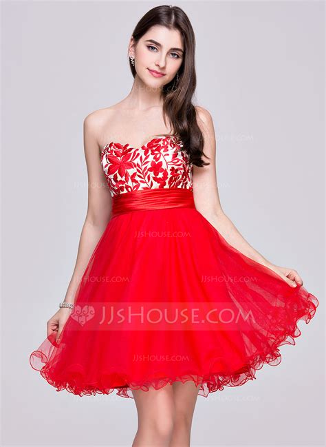 A Line Princess Sweetheart Short Mini Tulle Lace Homecoming Dress With Ruffle 022068113