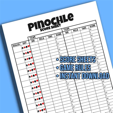 Pinochle Printable Score Sheet Game Rules Digital Files Etsy