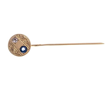 Mens Vintage 9ct Yellow Gold 030ct Diamond And 040ct Sapphire Tie Pin