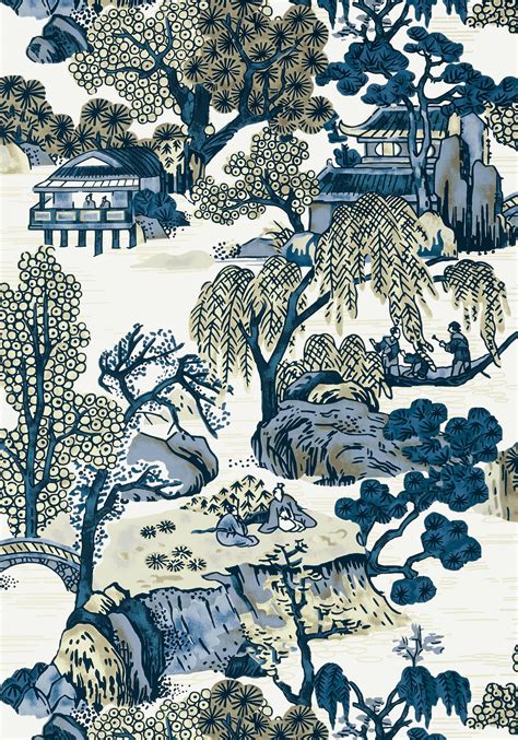 Asian Scenic Blue And Beige T75461 Collection Dynasty From Thibaut