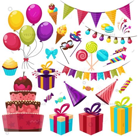 Birthday Party Isolated Elements Set With Colorful Presents Fairy