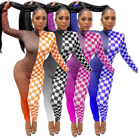 plaid patchwork jumpsuit for women sexy club party one piece outfits overall night o neck