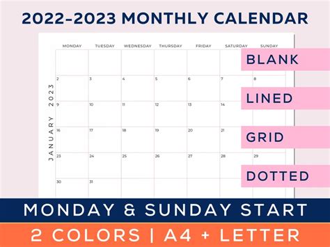 2022 2023 Monthly Calendar Landscape Year Planner Printable Etsy