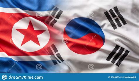 Flags Of North And South Korea Blowing In The Wind Stock Photo Image