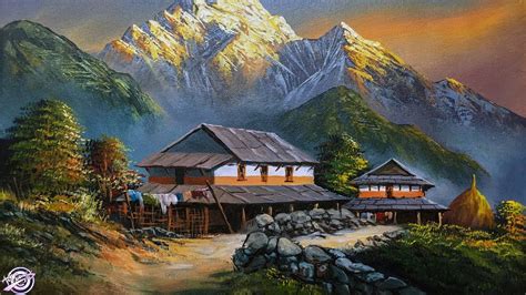 Nepali Village Landscape Painting Beautiful Painting Nature