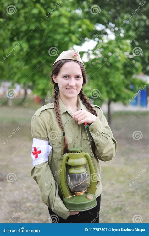 Girl In The Uniform Of The Soviet Nurse Of Times Of World War Ii
