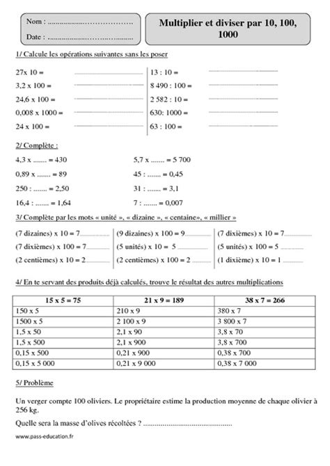 Multiplier Ou Diviser Par 10 100 1000 Cm2 Exercices Corrigés