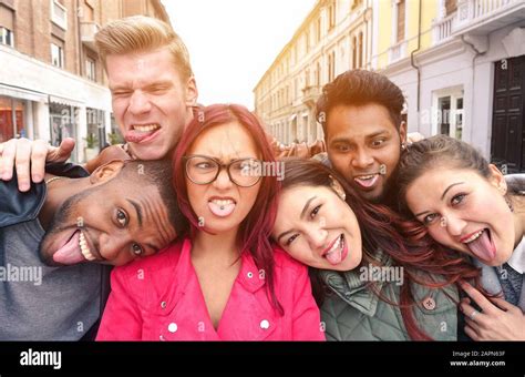Multiracial Best Friends Taking Selfie Outdoors In Urban Contest Happy Young People Having Fun