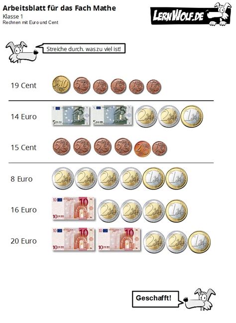Kostenlose arbeitsblätter zum rechnen mit geld / euro und cent in der 1. Übungen Mathe Klasse 1 kostenlos zum Download - lernwolf.de
