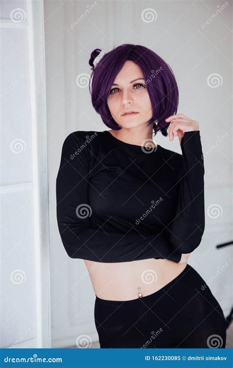 Girl Anime With Purple Hair Japan Cosplay Stock Image Image Of Metal