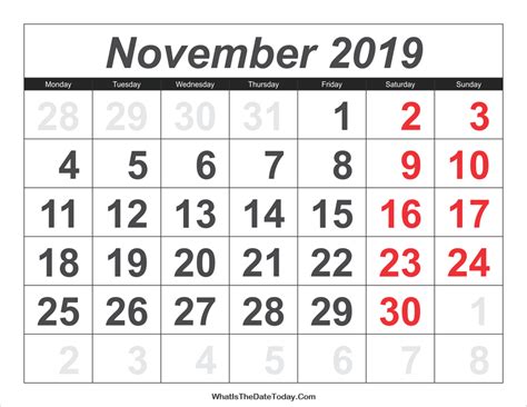 2019 Calendar November With Large Numbers Whatisthedatetodaycom