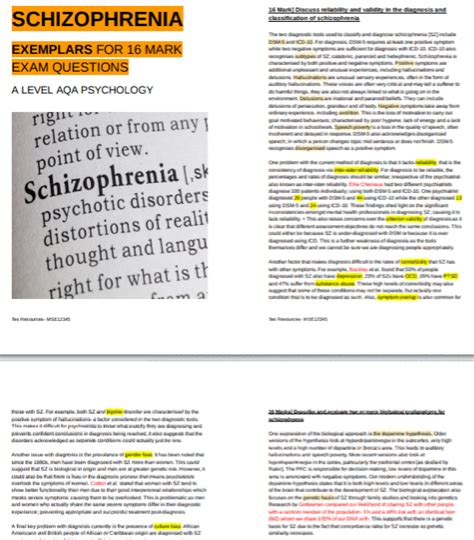 Psychology Schizophrenia 16m Exemplars Teaching Resources
