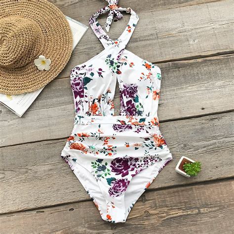 Floral Print Ruched Halter One Piece Swimsuit Women Cross Cutout