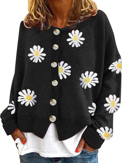 Womens Daisy Floral Knit Cardigans Jumper Long Sleeve Open Front Winter