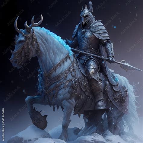 Fantasy Concept Art Of An Ice Knight On A Horse Holding A Sword In