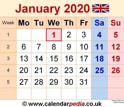 Calendar January 2020 Uk With Excel Word And Pdf Templates