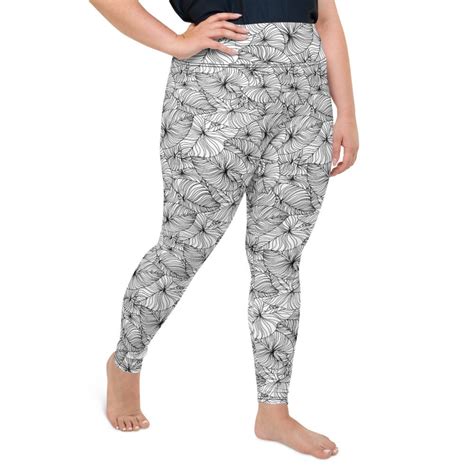 Black And White Plus Size Leggings Large Palm Pattern All Over Print