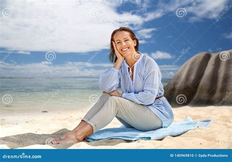 Happy Woman Over Seychelles Island Tropical Beach Stock Photo Image