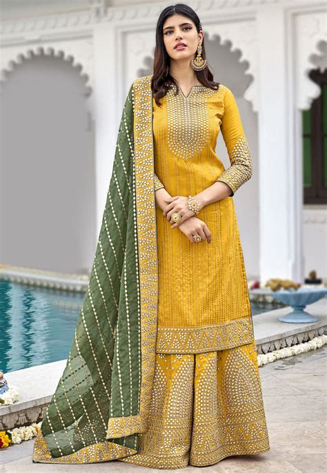 Embroidered Georgette Pakistani Suit In Mustard Kch7042