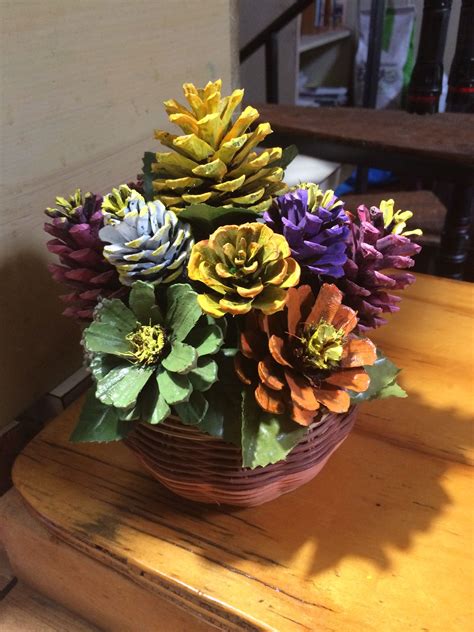 Painted Pinecone Flowers In Basket By Cat Pine Cone Decorations Pine