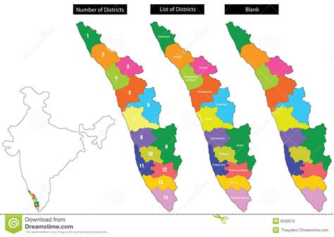 Kerala is divided into 14 districts, 21 revenue divisions, 14 district panchayats, 63 taluks, 152 cd blocks, 1466 revenue. Map Of Kerala With Districts Stock Photography - Image: 6530012