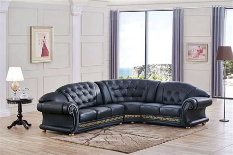 Traditional Leather Sectional Sofa Black Rolled Arms Ef Alexus B 