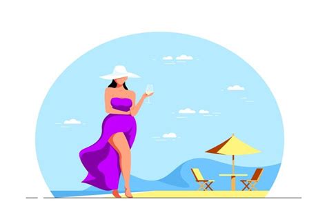 Premium Vector Attractive Elegant Plus Size Woman Walking At The Beach With Glass Of Wine