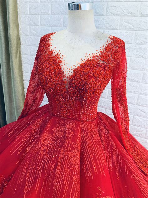 Long Sleeves Red Beaded Sparkle Ball Gown Wedding Dress With Glitter
