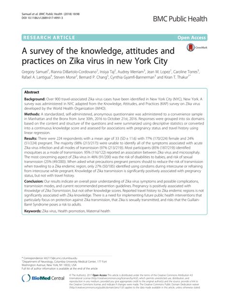 pdf a survey of the knowledge attitudes and practices on zika virus in new york city