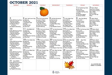 Grace Health And Rehab Center October Activity Calendar