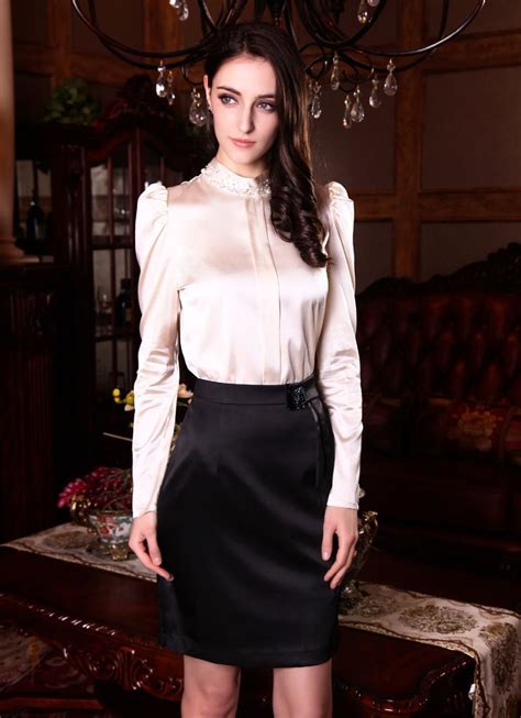 black satin pencil skirt and white satin blouse awesome blouse pretty blouses fashion
