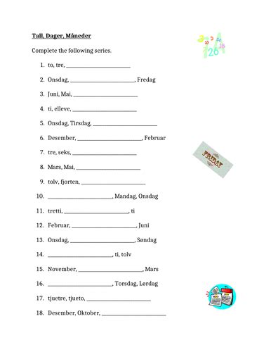 Tall Dager Måneder Numbers Days Months In Norwegian Worksheet