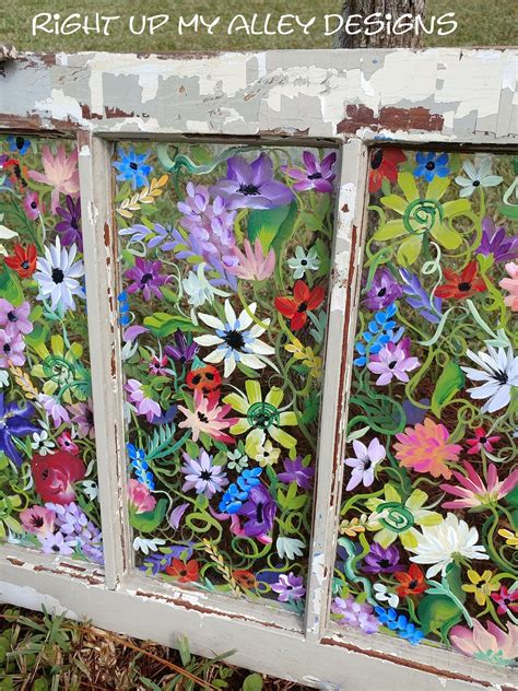 Old Painted Window Window Pane Art Floral Painted Window Repurposed Window Antique Window Window