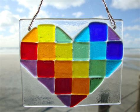 Rainbow Diagonal Stripe Fused Glass Heart Ornament Glass Heart Fused Glass Art Fused Glass