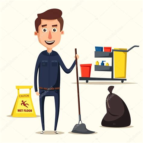 Cleaning Staff Character With Equipment Cartoon Vector Illustration Stock Illustration By