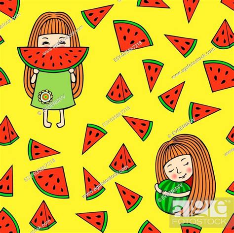 Vector Watermelon Background Girl Eating Watermelon Girl Hugging A