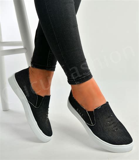 New Womens Denim Canvas Slip On Flat Trainers Ladies Casual Pump Shoes Size Uk Ebay