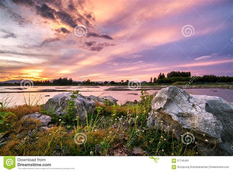 Beautiful Sunset Landscape With Mountain And Rock Stock