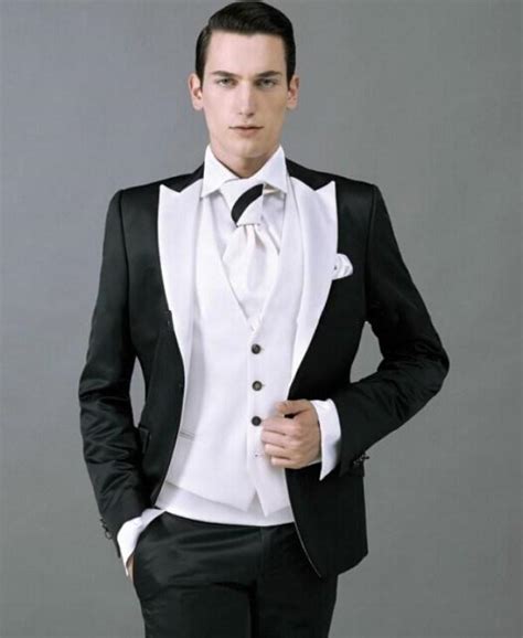 Brand New White Peak Lapel Black Groom Tuxedos Mens Wedding Dresses