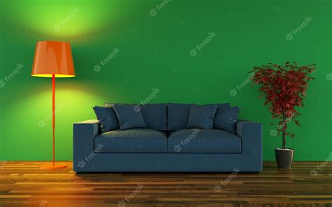 Premium Photo 3d Rendering Of A Blue Sofa With A Floor Lamp And A