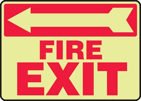 Fire Exit Left Arrow Glow In The Dark Safety Sign Mlex562