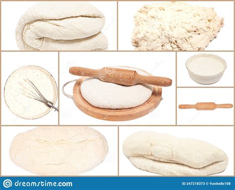 Collage With Fresh Yeast Doughrolling Pin Wooden Cutting Stock Image