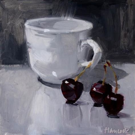 Daily Paintworks White Cup And Three Dark Cherries Original Fine