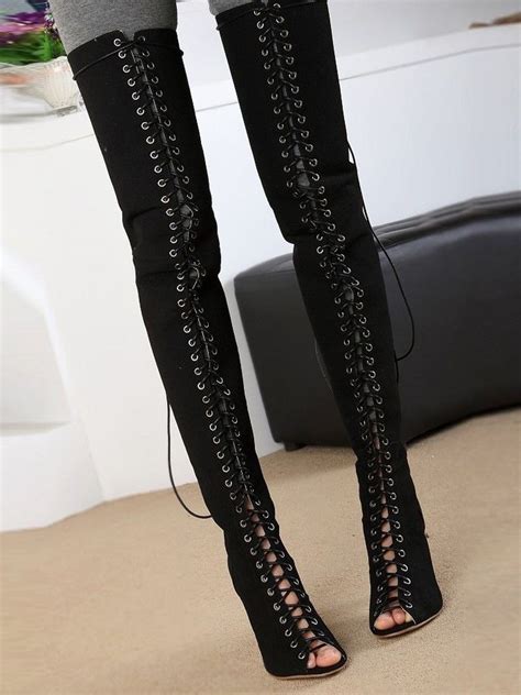 Black Suede Peep Toe Lace Up Over The Knee Boots