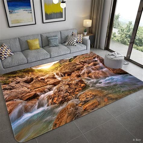 Natural Scenery 3d Carpet For Living Room Green Forest Waterfall