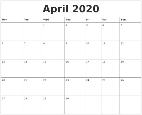 April 2020 Calendar Month